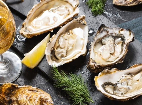 A plate of fresh oysters accompanies by a glass of wine